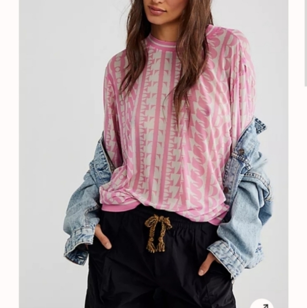 One Teaspoon On Repeat Mesh Long Sleeve Top Pink White XS Sheer Free People